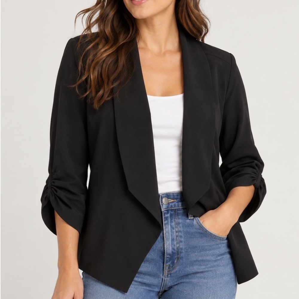 ModCloth Womens Blazer 1X Open Front Ruched Sleeve Black Draped Professional